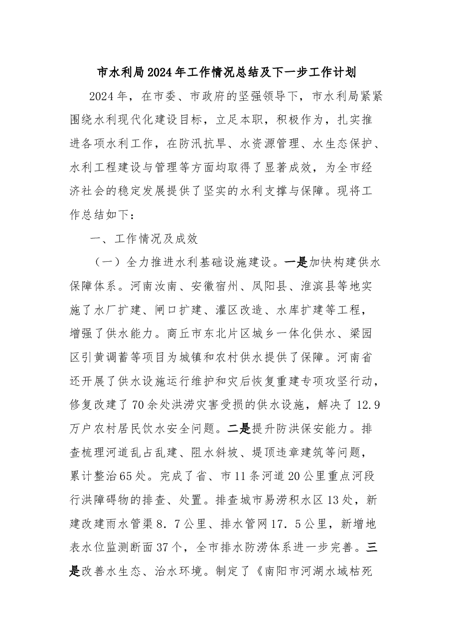 市水利局2024年工作情况总结及下一步工作计划.docx，第1页预览