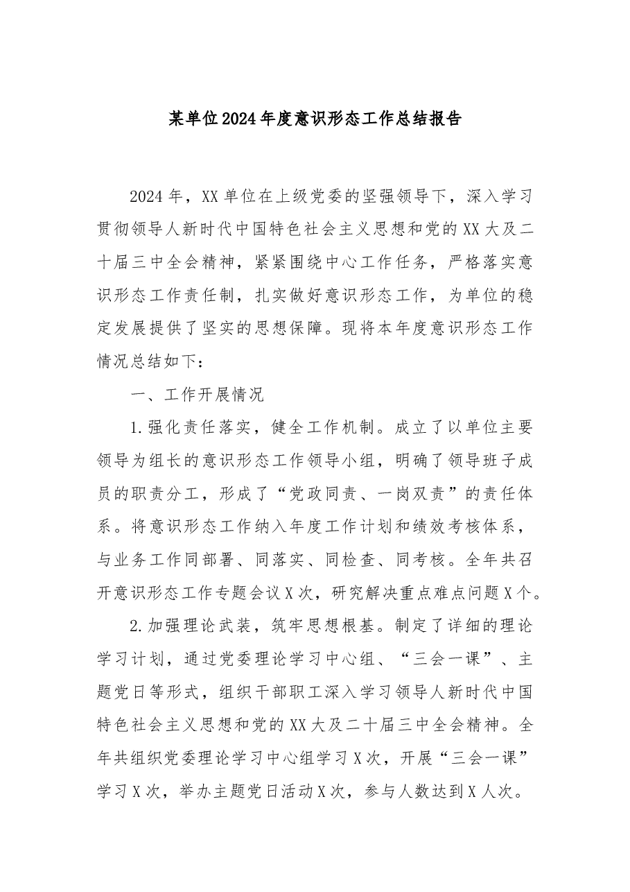 某单位2024年度意识形态工作总结报告.docx,第1页预览