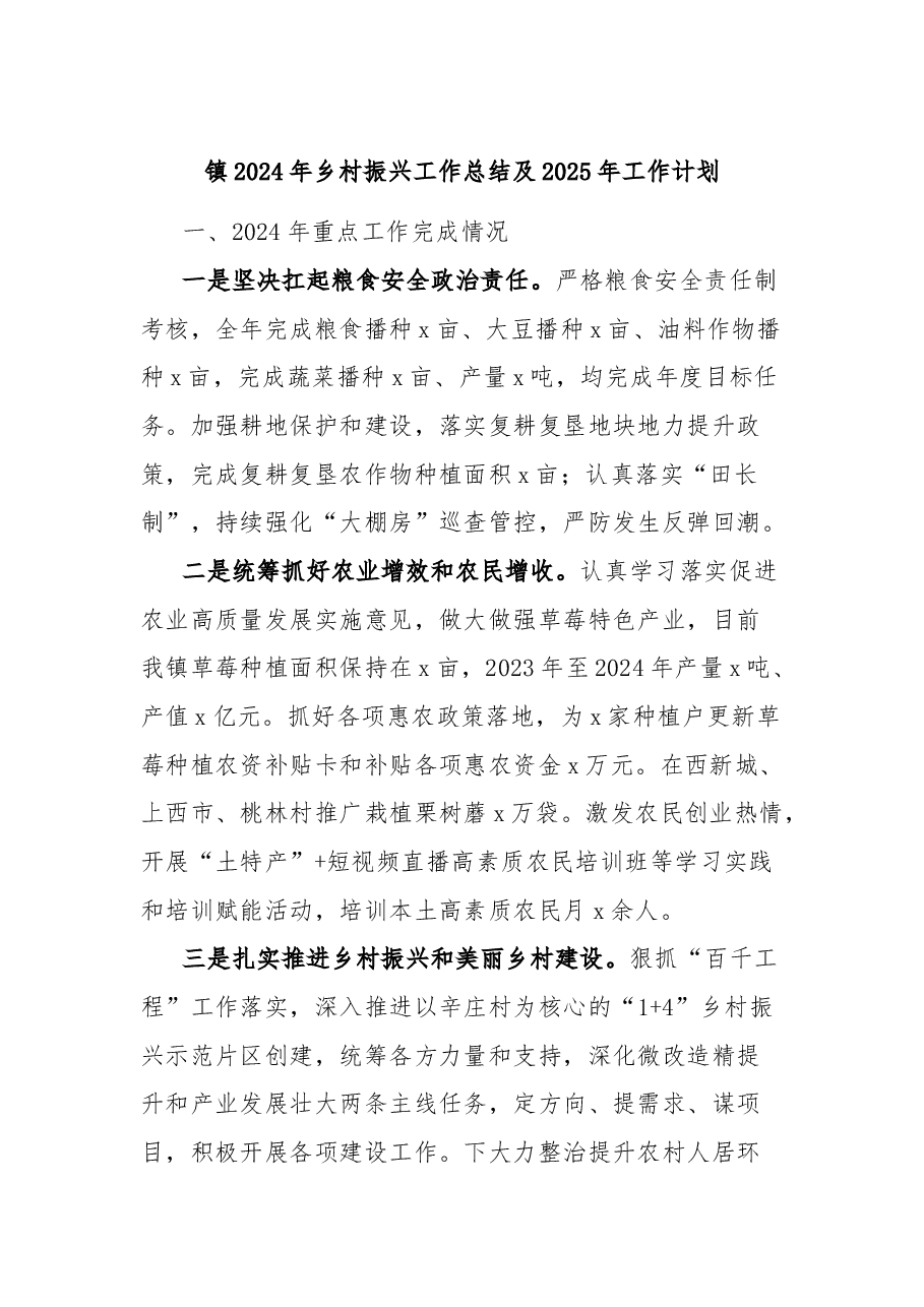 镇2024年乡村振兴工作总结及2025年工作计划.docx，第1页预览