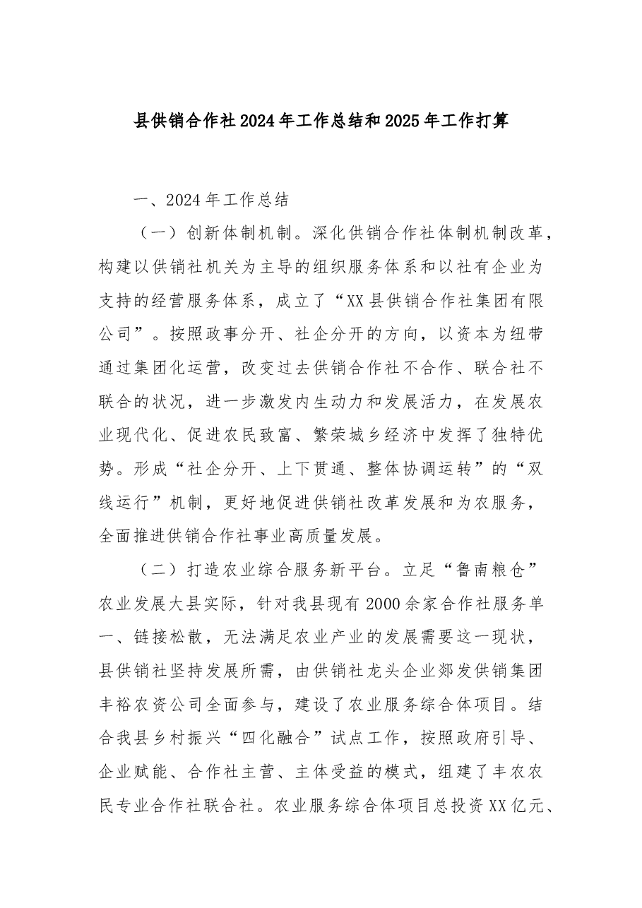 县供销合作社2024年工作总结和2025年工作打算.docx,第1页预览