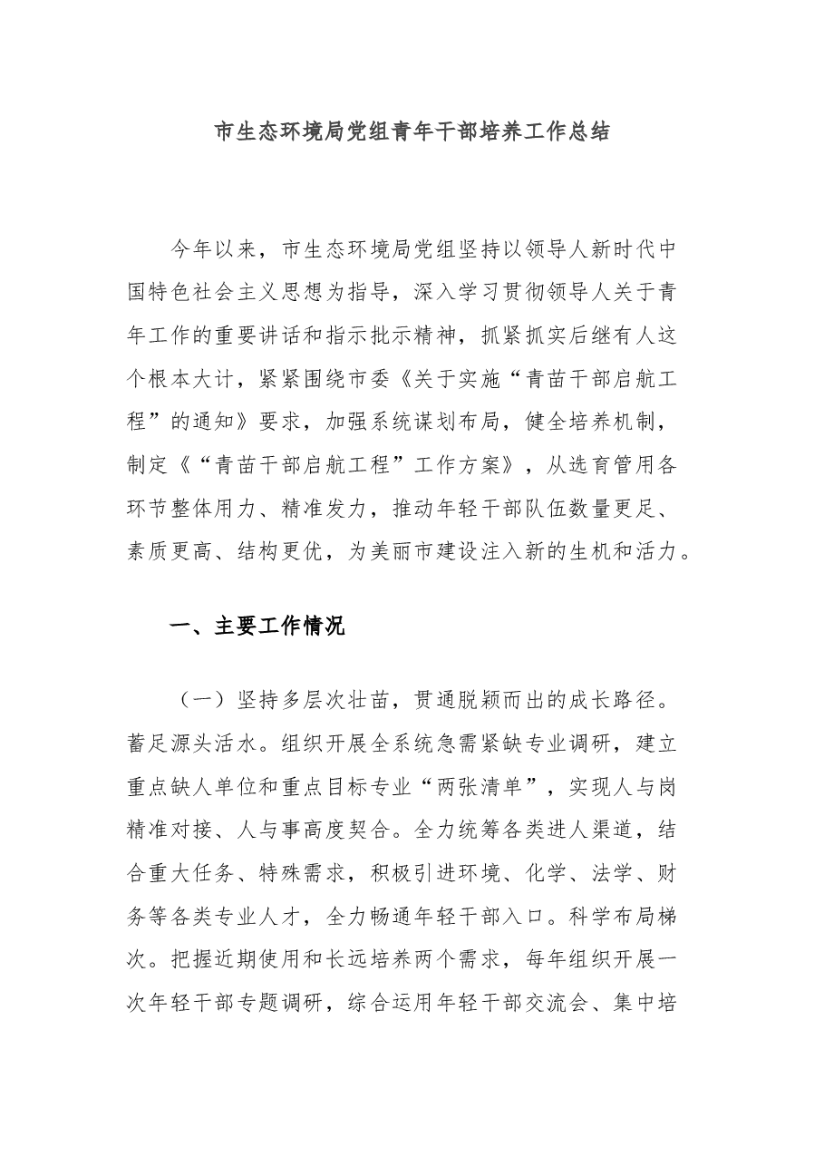 市生态环境局党组青年干部培养工作总结.docx,第1页预览