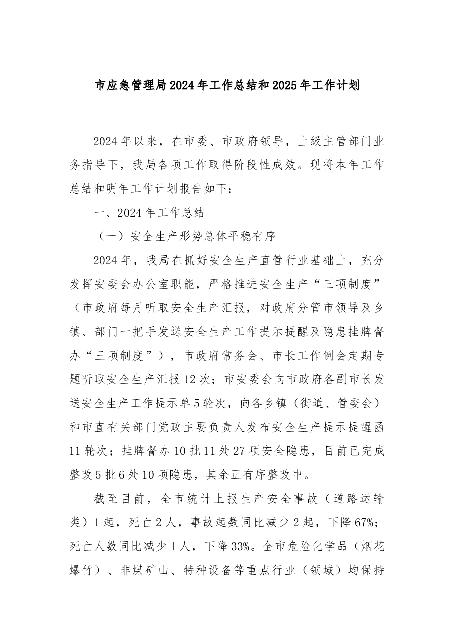 市应急管理局2024年工作总结和2025年工作计划.docx,第1页预览