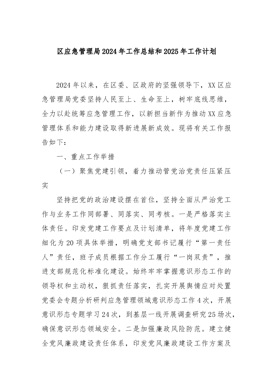 区应急管理局2024年工作总结和2025年工作计划.docx,第1页预览