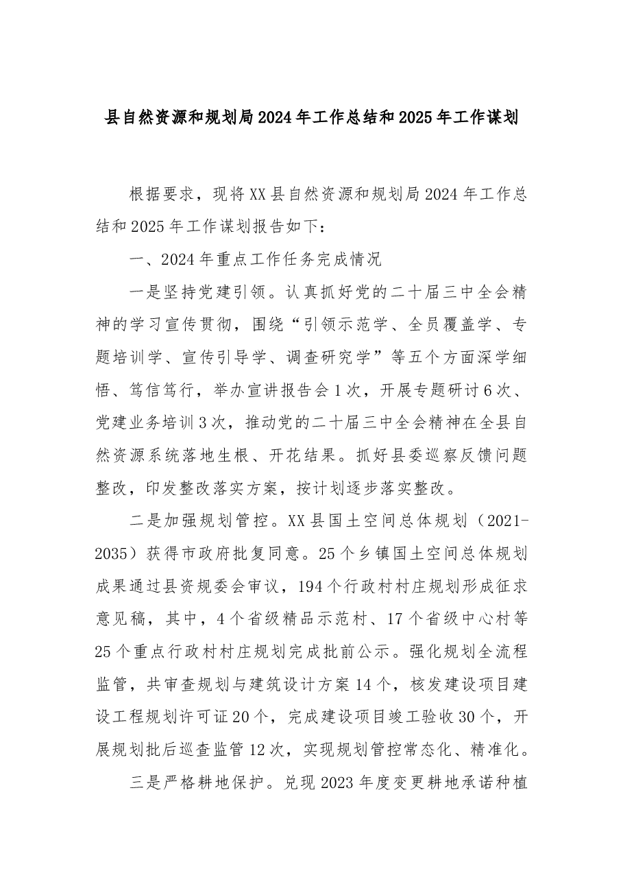 县自然资源和规划局2024年工作总结和2025年工作谋划.docx,第1页预览