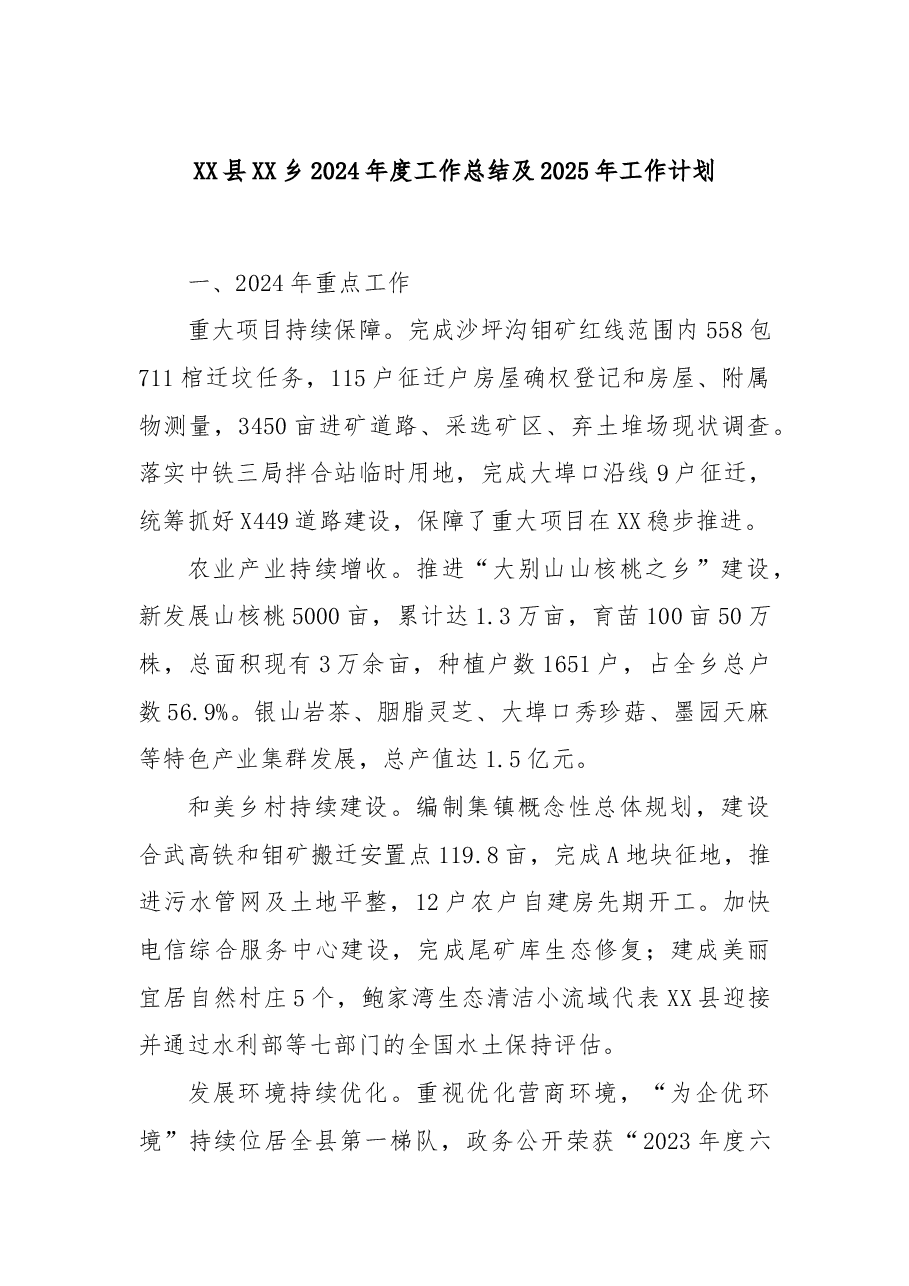 XX县XX乡2024年度工作总结及2025年工作计划.docx,第1页预览