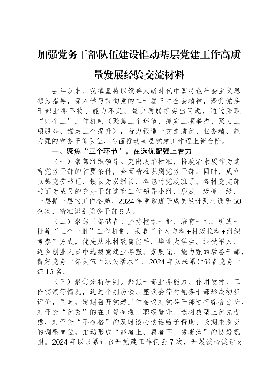 加强党务干部队伍建设推动基层党建工作高质量发展经验交流材料.docx,第1页预览