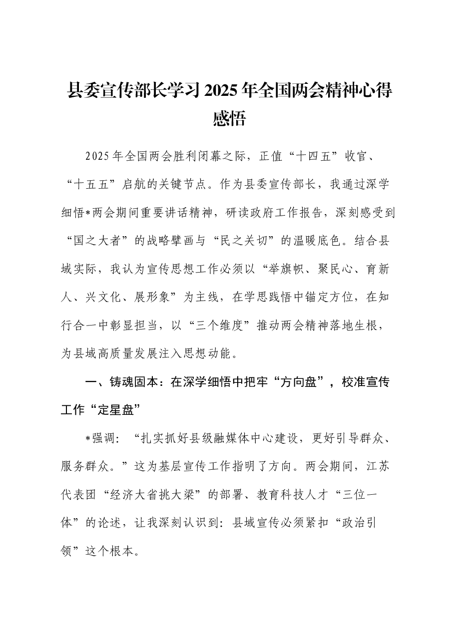 县委宣传部长学习2025年全国两会精神心得体会发言.docx,第1页预览