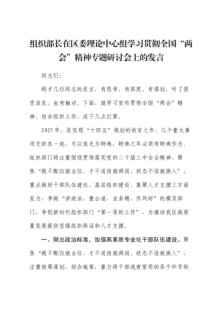 组织部长在区委理论中心组学习贯彻全国“两会”精神专题研讨会上的发言.docx,第1页预览
