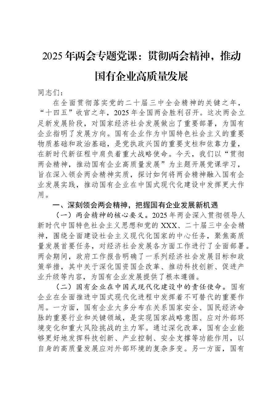 2025年两会专题党课:贯彻两会精神,推动国有企业高质量发展.docx,第1页预览