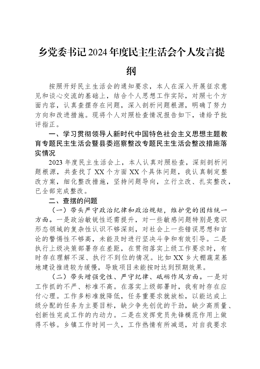 乡党委书记2024年度民主生活会个人发言提纲.docx,第1页预览