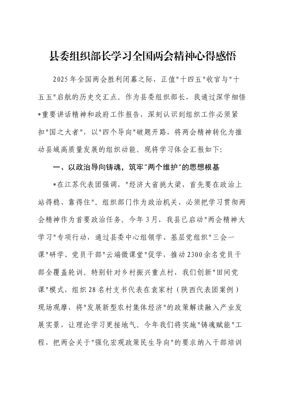 县委组织部长学习全国两会精神心得体会发言.docx,第1页预览