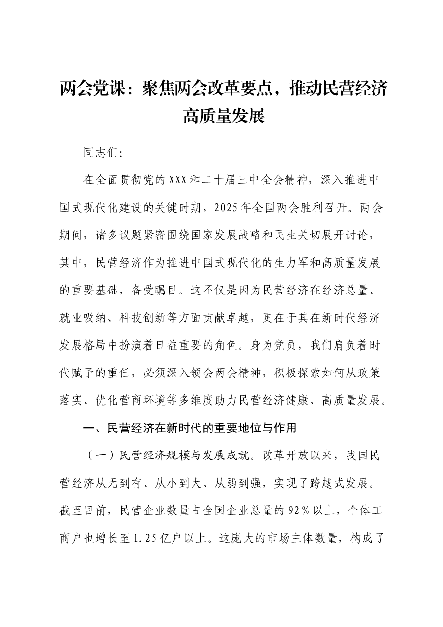 2025年两会党课:聚焦两会改革要点,推动民营经济高质量发展.docx,第1页预览
