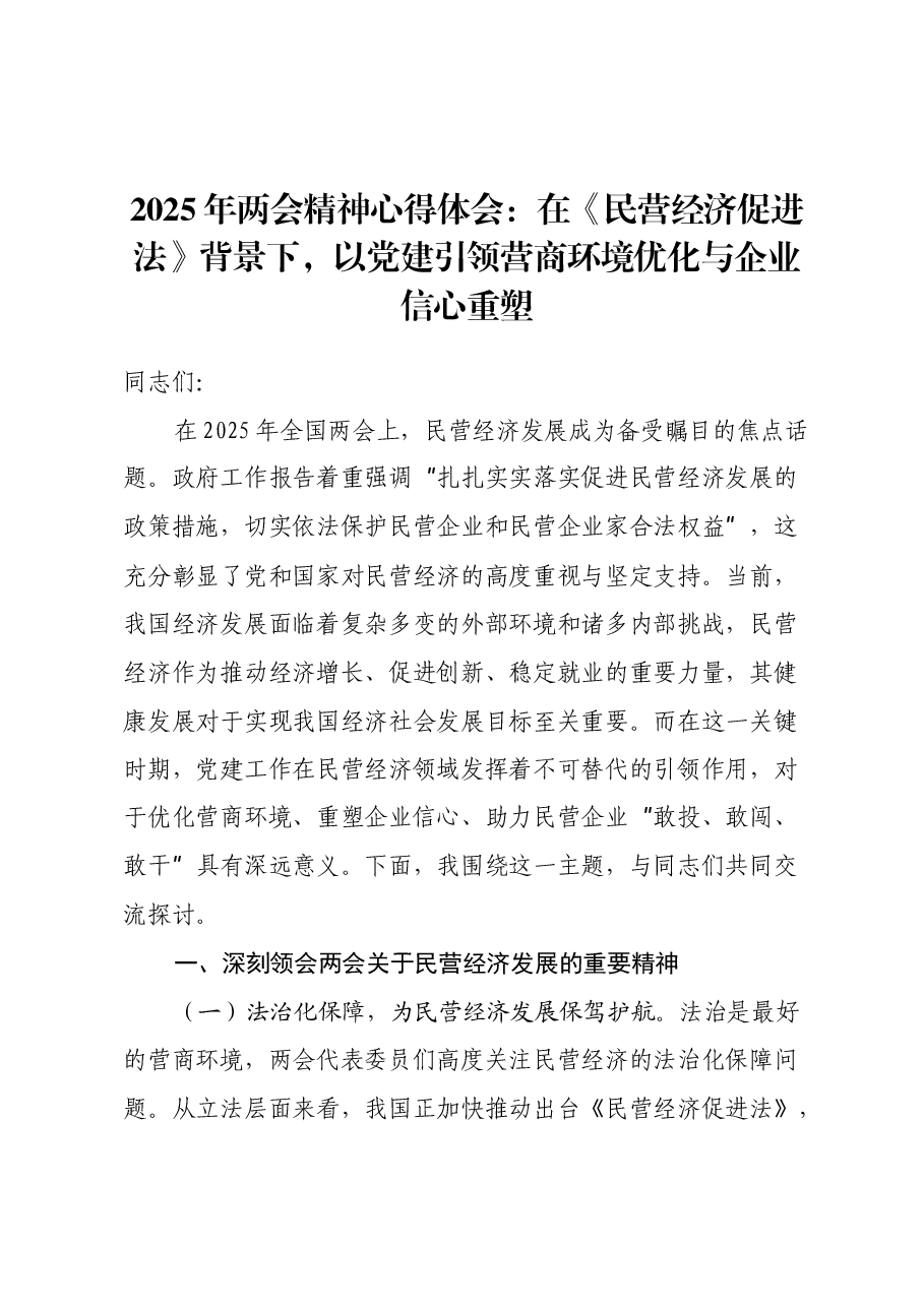 2025年两会精神心得体会:在《民营经济促进法》背景下,以党建引领营商环境优化与企业信心重塑.docx,第1页预览