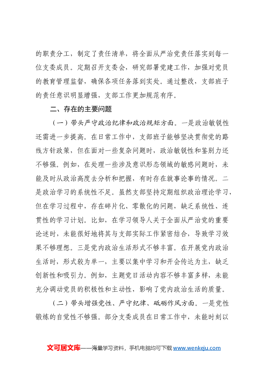 党支部支委班子2024年度组织生活会对照检查材料(四个带头).docx,第2页预览