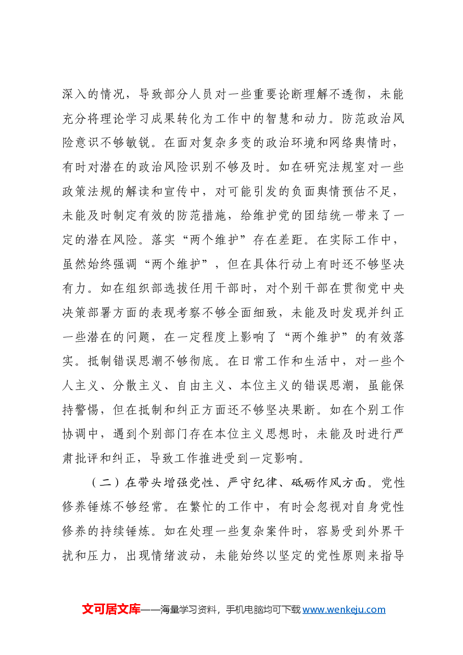 市纪委分管办公室、法规室领导关于2024年度民主生活会个人对照检视材料.docx,第2页预览