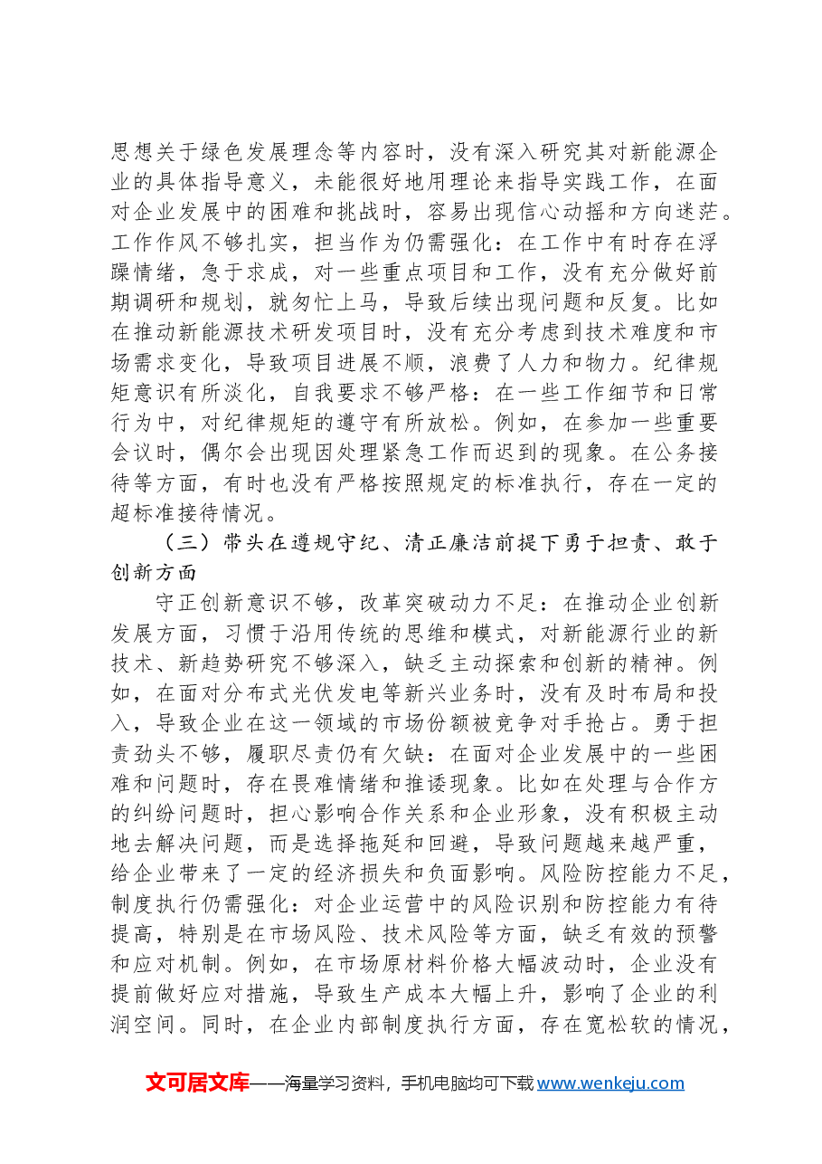 某新能源国企2024年度民主生活会对照检查材料.docx,第2页预览