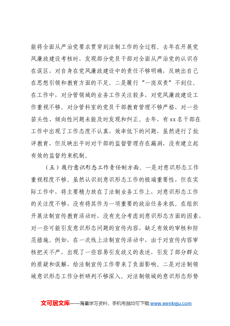 市法制办党支部书记2024年组织生活会个人对照检查发言材料.docx,第4页预览