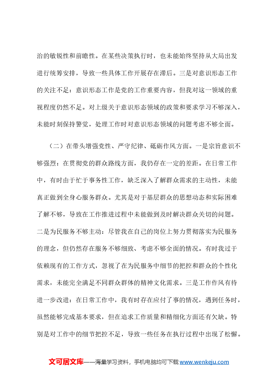 市直部门党员干部2024年度专题组织生活会对照检查材料(四个带头).docx,第2页预览
