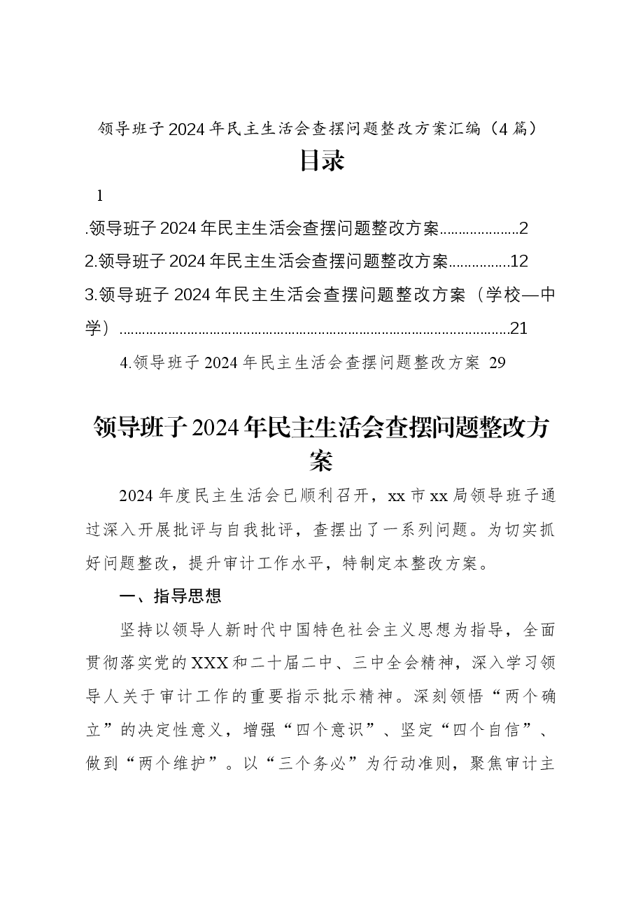 (4篇)领导班子2024年民主生活会查摆问题整改方案汇编.docx,第1页预览
