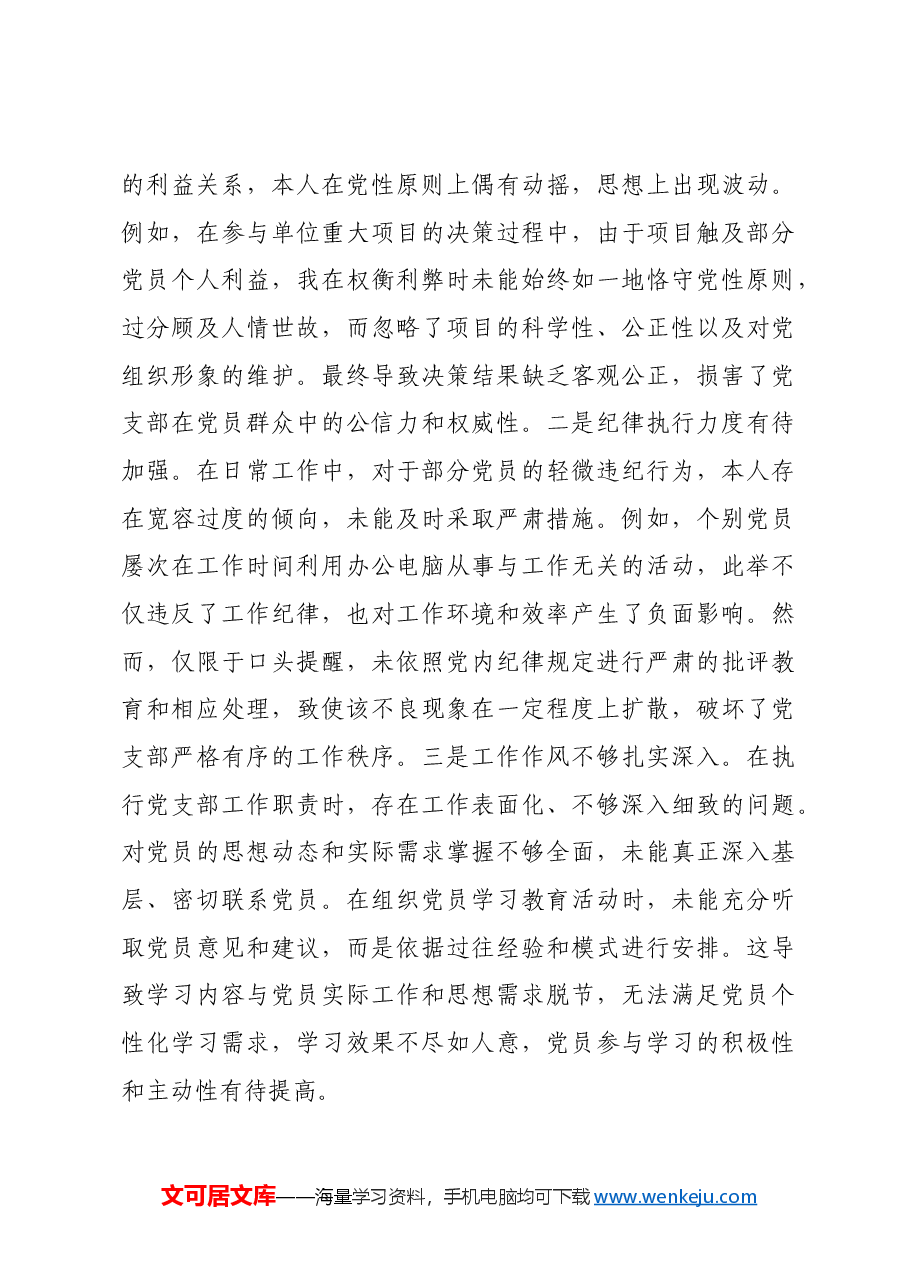 党支部副书记2024年组织生活会个人对照检查发言材料四个带头.docx,第3页预览