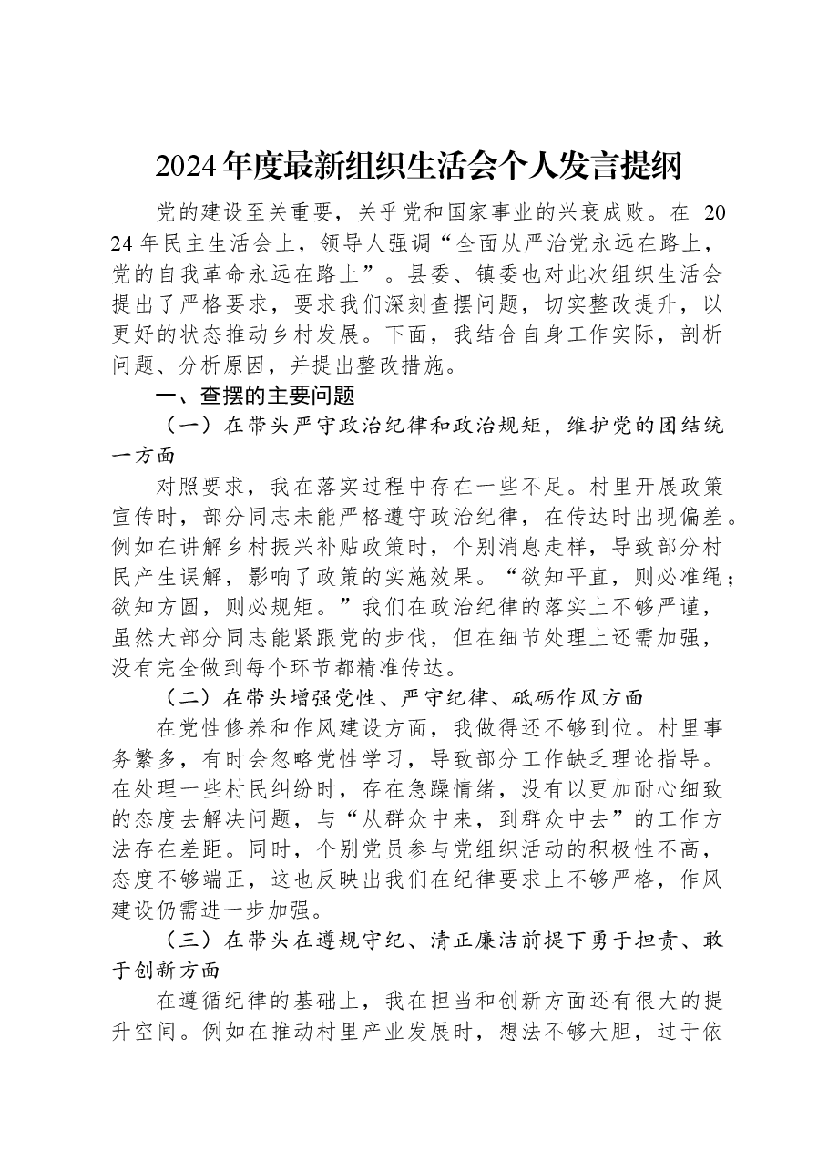 2024年度最新组织生活会个人发言提纲.docx,第1页预览