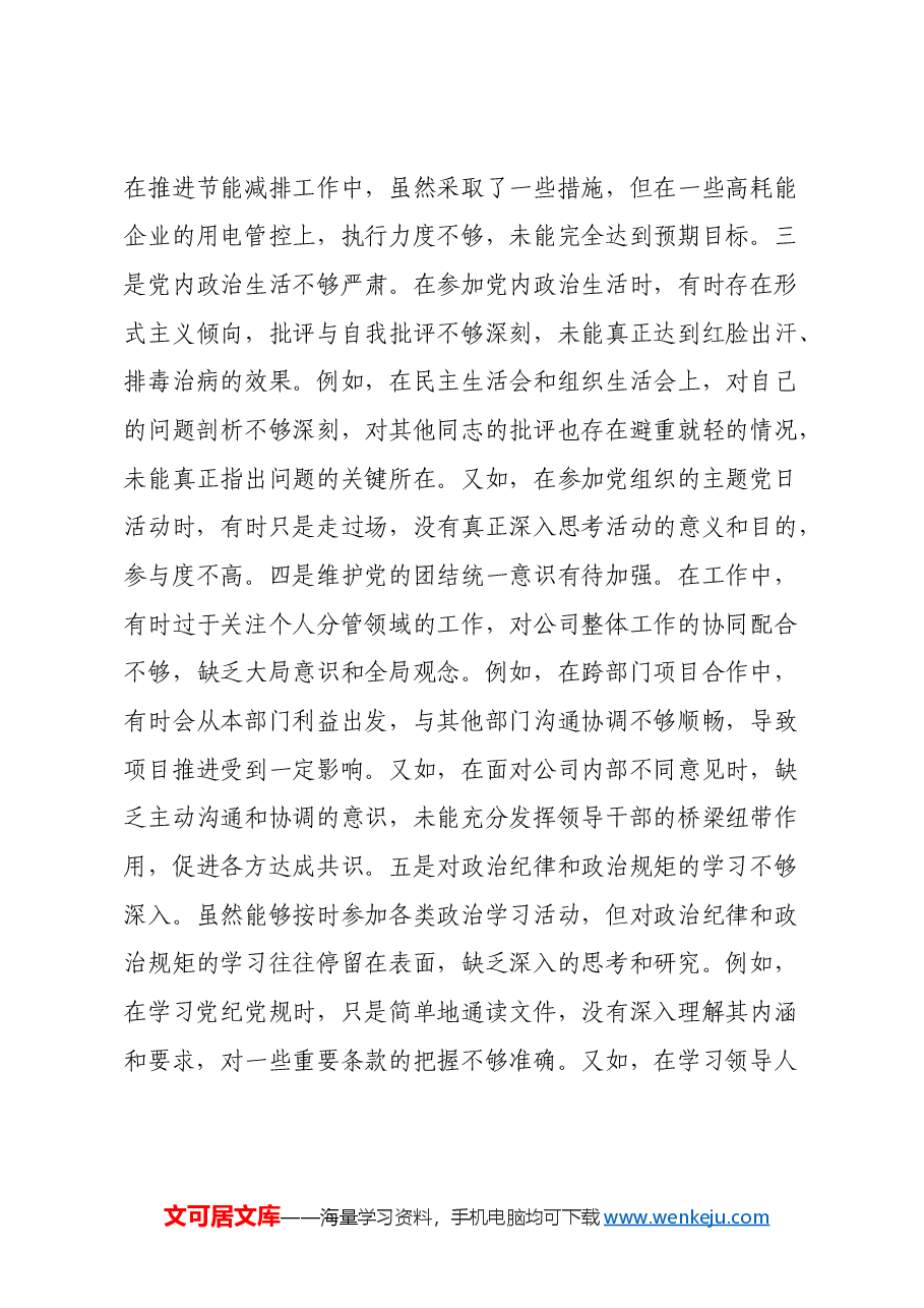 公司主要领导关于2024年度民主生活会个人对照检视剖析材料(四个带头).docx,第4页预览
