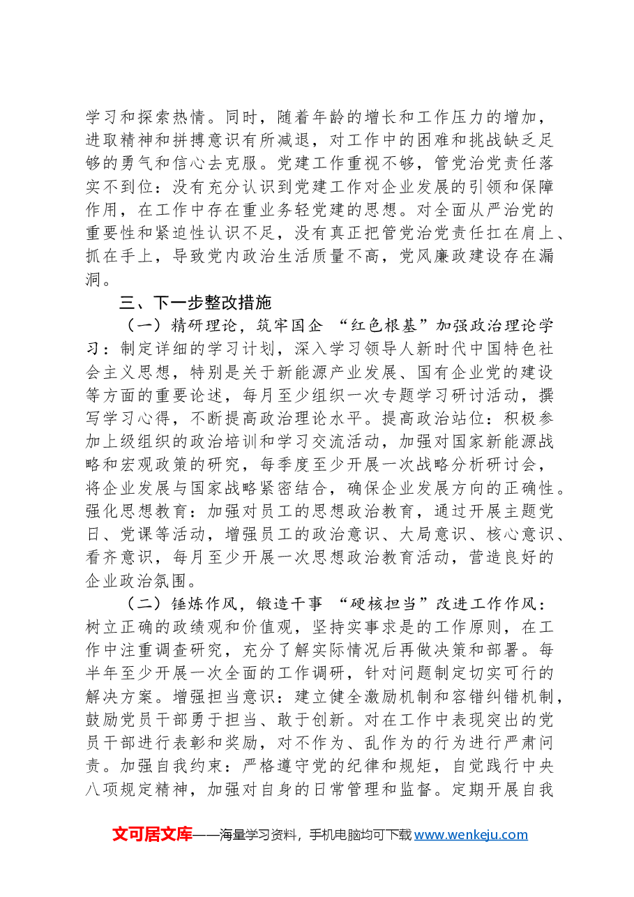 某新能源国企2024年度民主生活会对照检查材料.docx,第4页预览