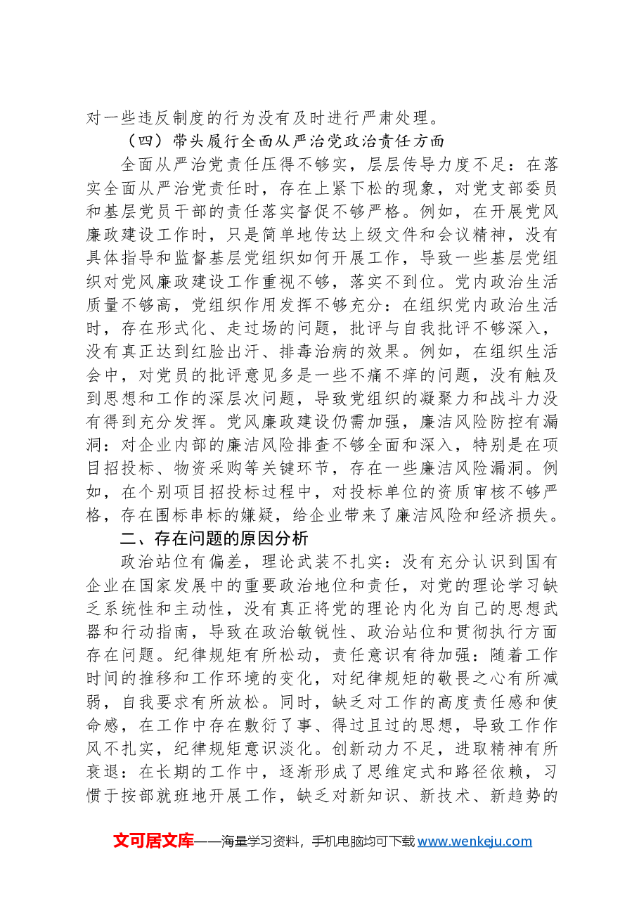 某新能源国企2024年度民主生活会对照检查材料.docx,第3页预览