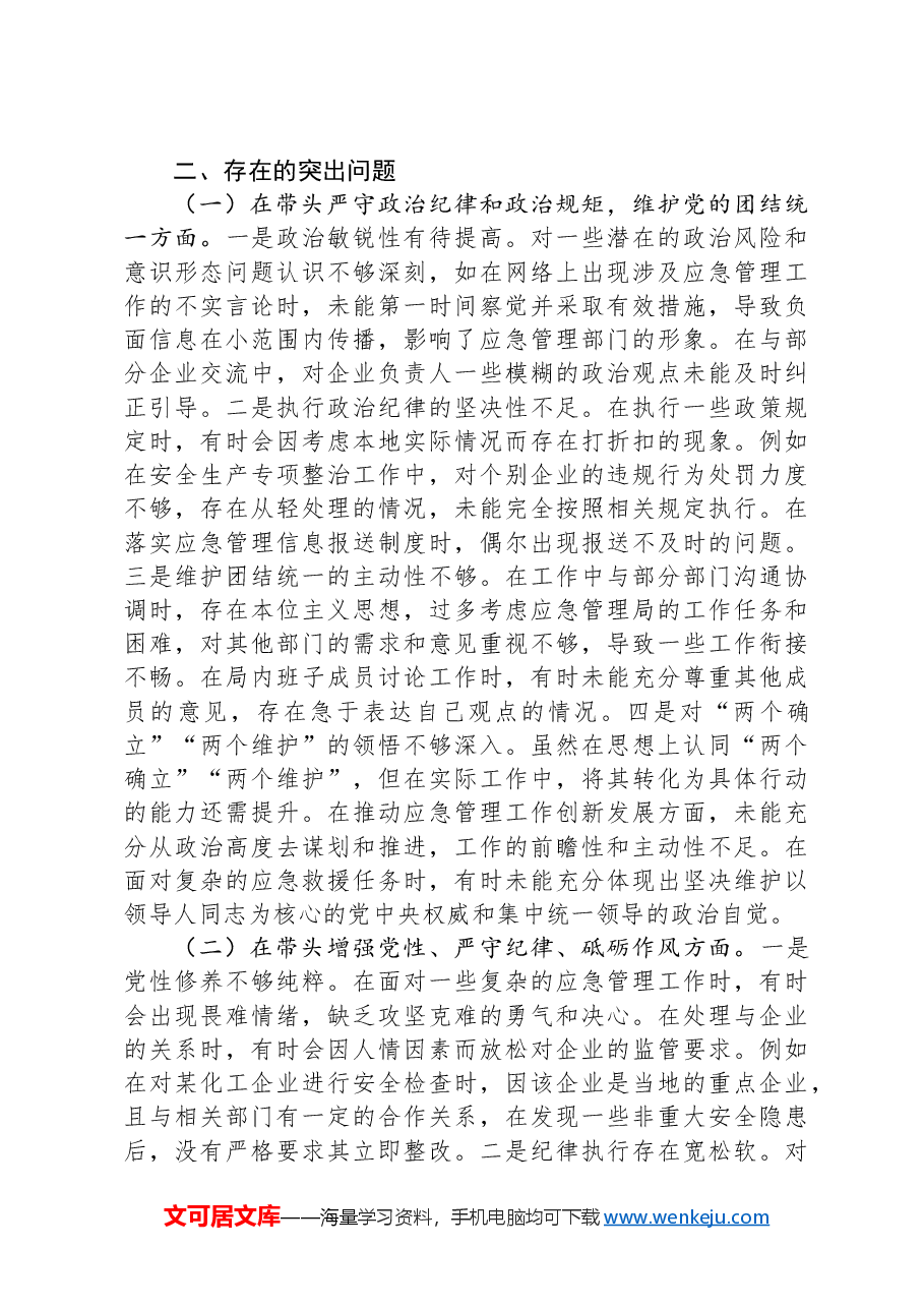 市应急管理局局长关于2024年度民主生活会个人对照查摆剖析材料.docx,第2页预览