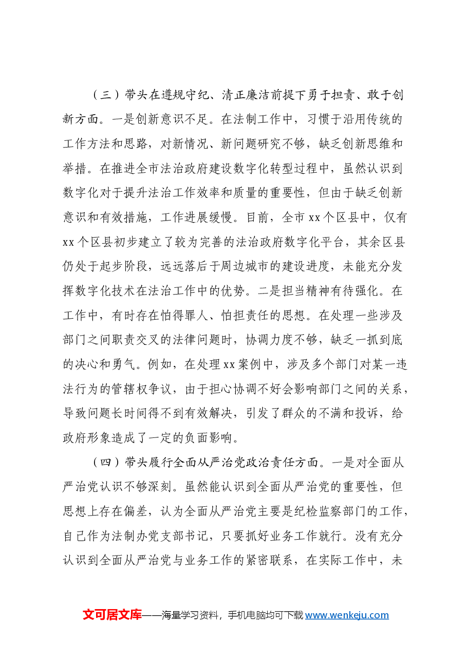 市法制办党支部书记2024年组织生活会个人对照检查发言材料.docx,第3页预览