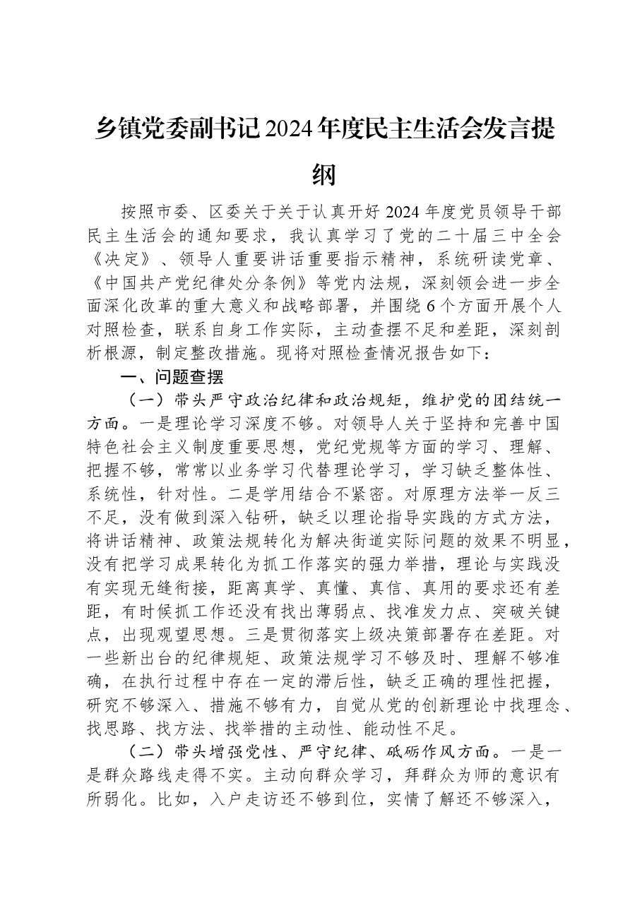 乡镇党委副书记2024年度民主生活会发言提纲.docx，第1页预览