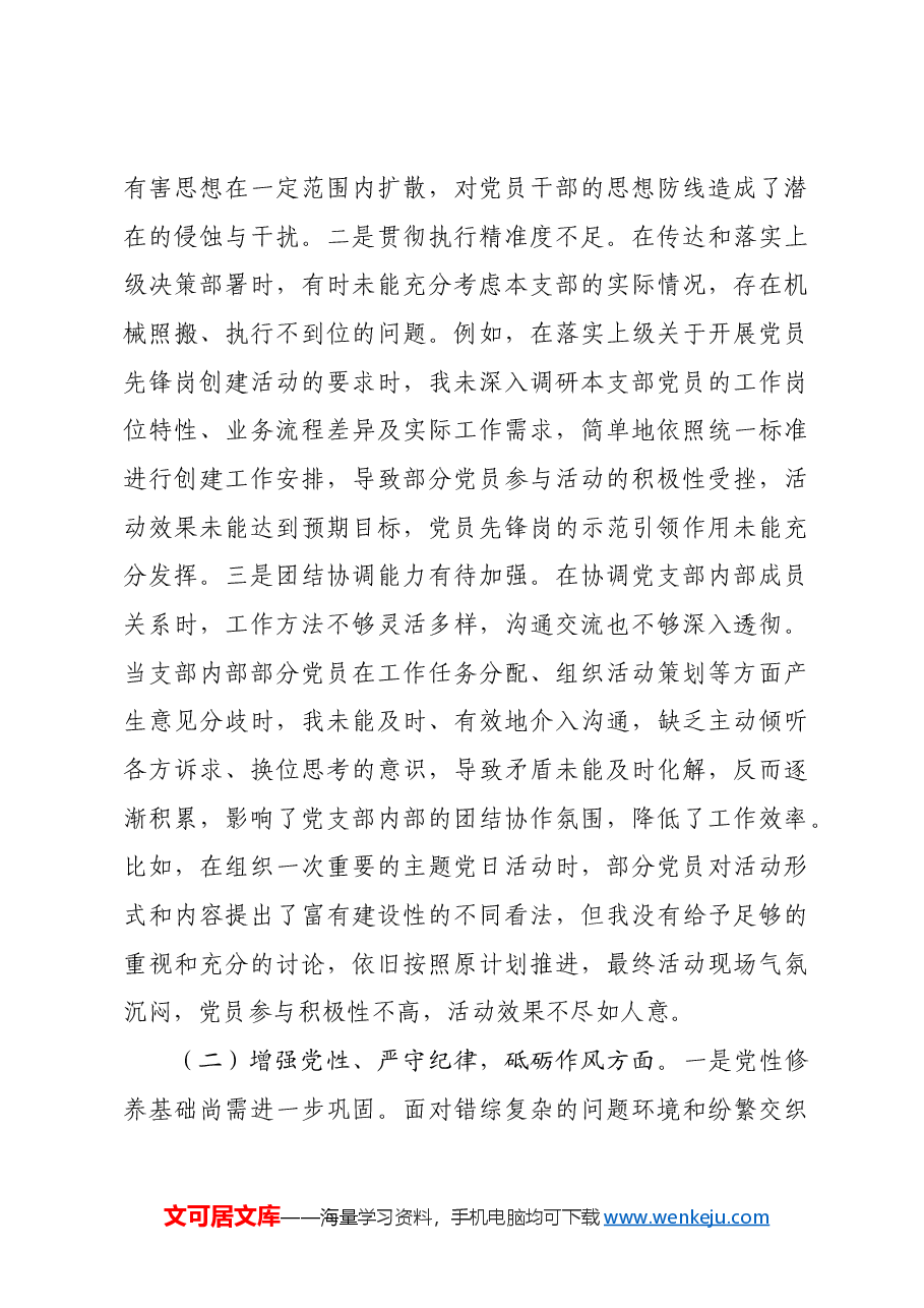 党支部副书记2024年组织生活会个人对照检查发言材料四个带头.docx,第2页预览