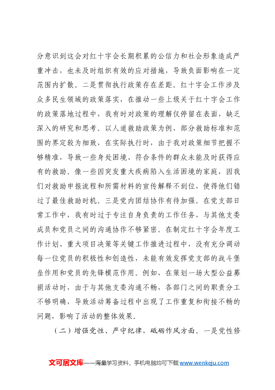 市红十字会党支部书记2024年组织生活会个人对照检查发言材料四个带头 意识形态.docx,第2页预览