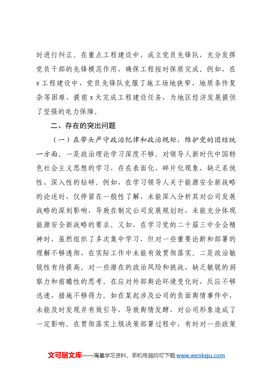 国企党委关于2024年度民主生活会领导班子对照检视剖析材料生活会整改四个带头典型案例.docx,第3页预览