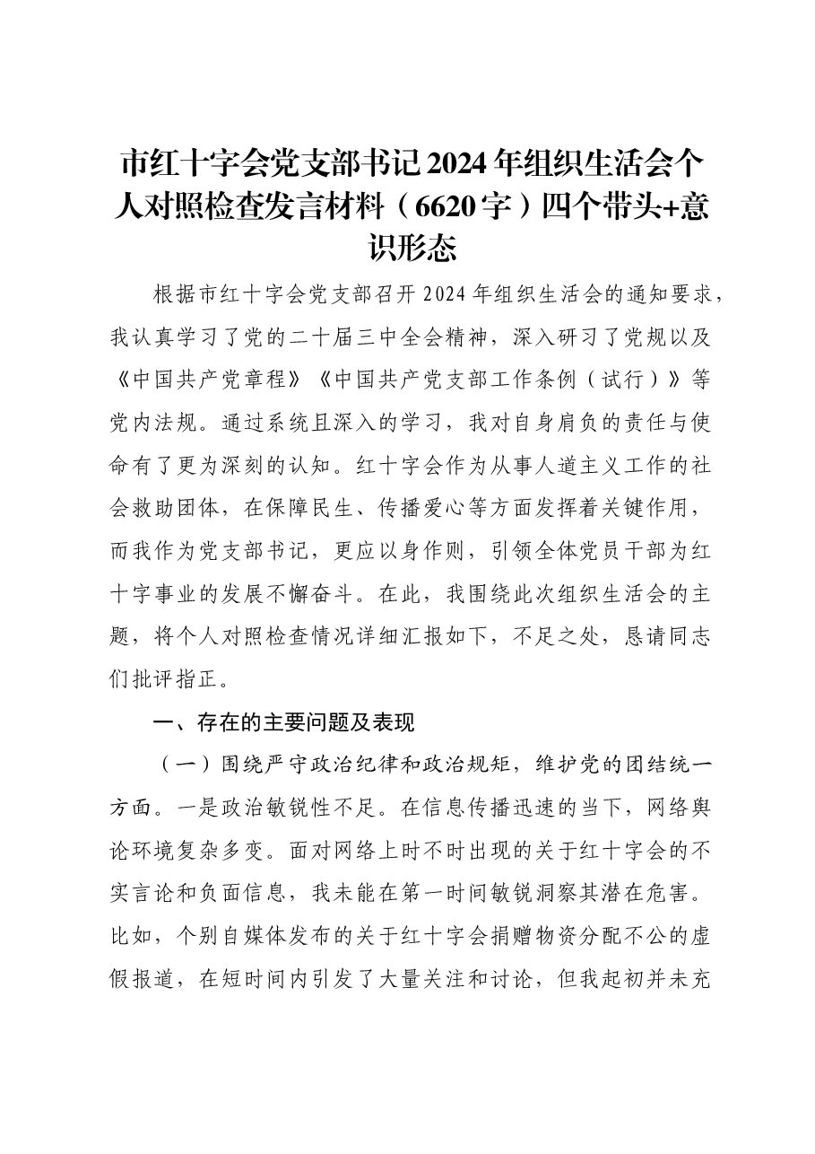 市红十字会党支部书记2024年组织生活会个人对照检查发言材料四个带头 意识形态.docx,第1页预览