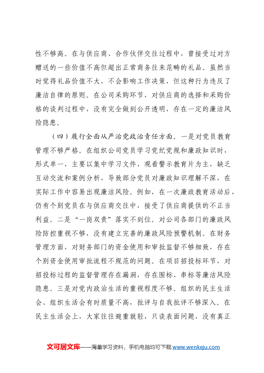 国企总经理2024年组织生活会个人对照检查发言材料.docx，第4页预览
