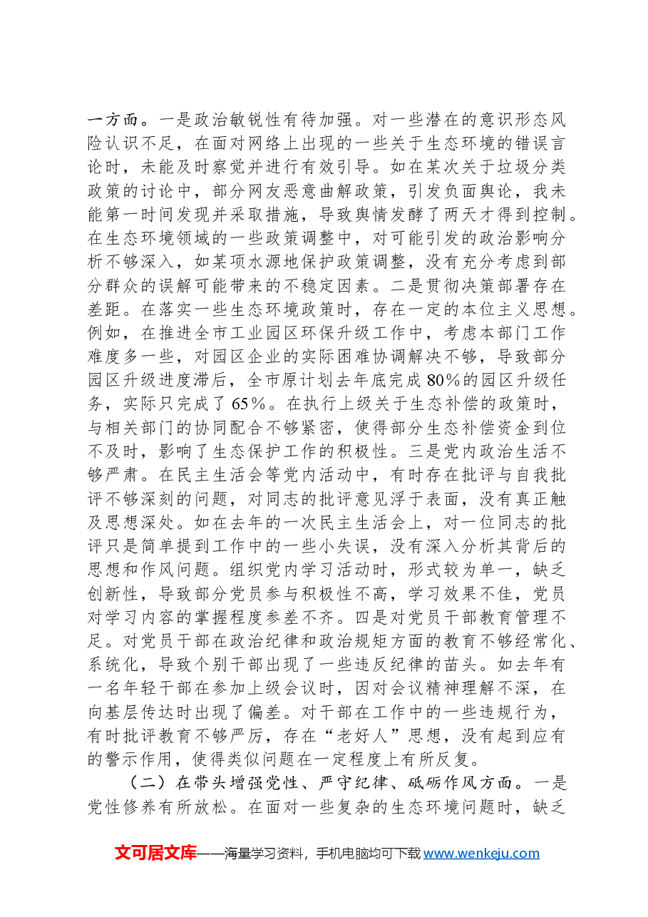 市生态环境局局长关于2024年度民主生活会个人对照查摆剖析材料.docx,第2页预览