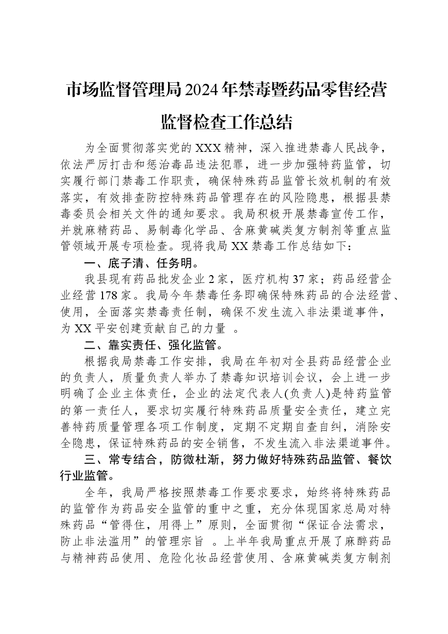 市场监督管理局2024年禁毒暨药品零售经营监督检查工作总结.docx,第1页预览