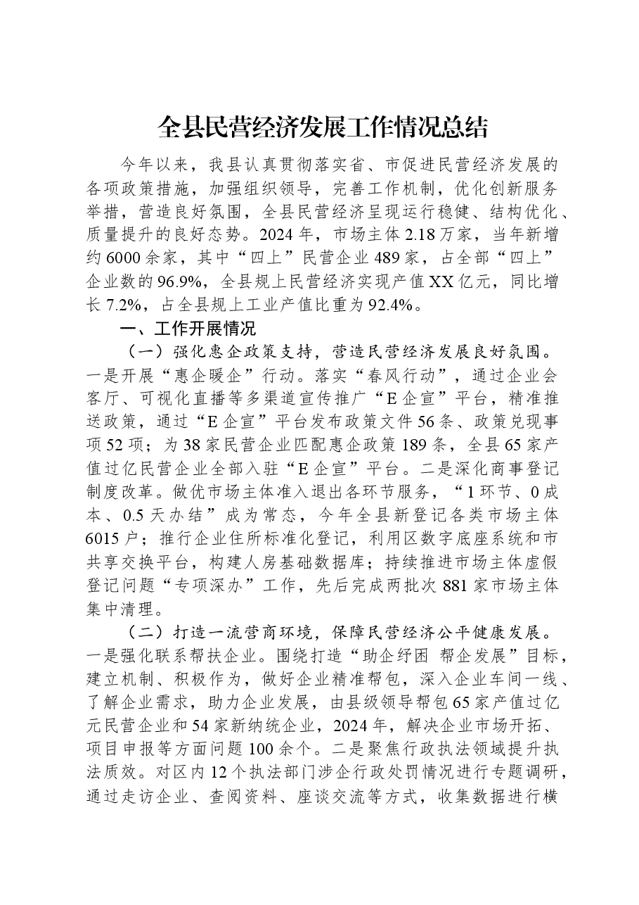 全县民营经济发展工作情况总结.docx，第1页预览