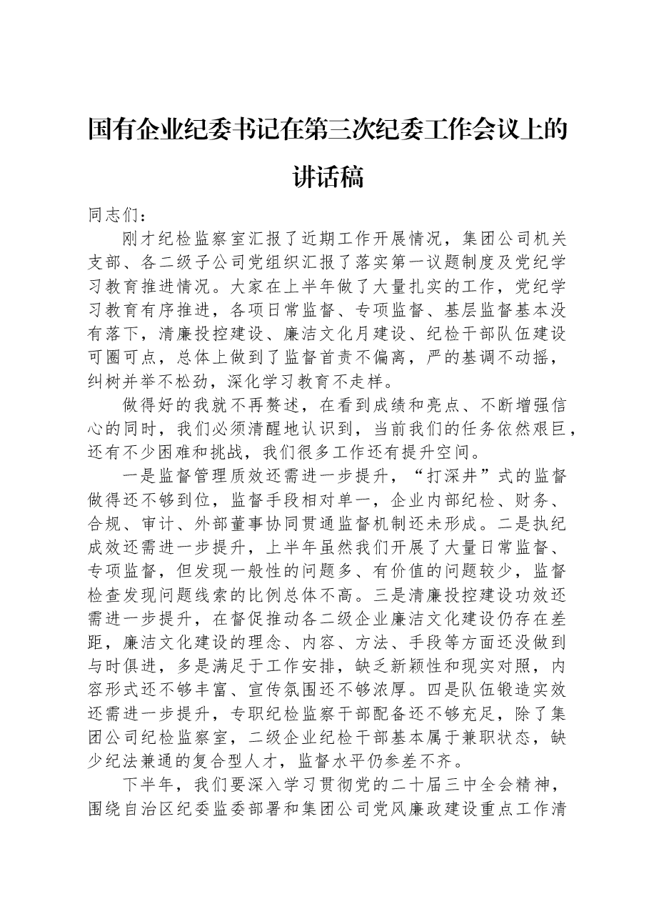 国有企业纪委书记在第三次纪委工作会议上的讲话稿.docx,第1页预览