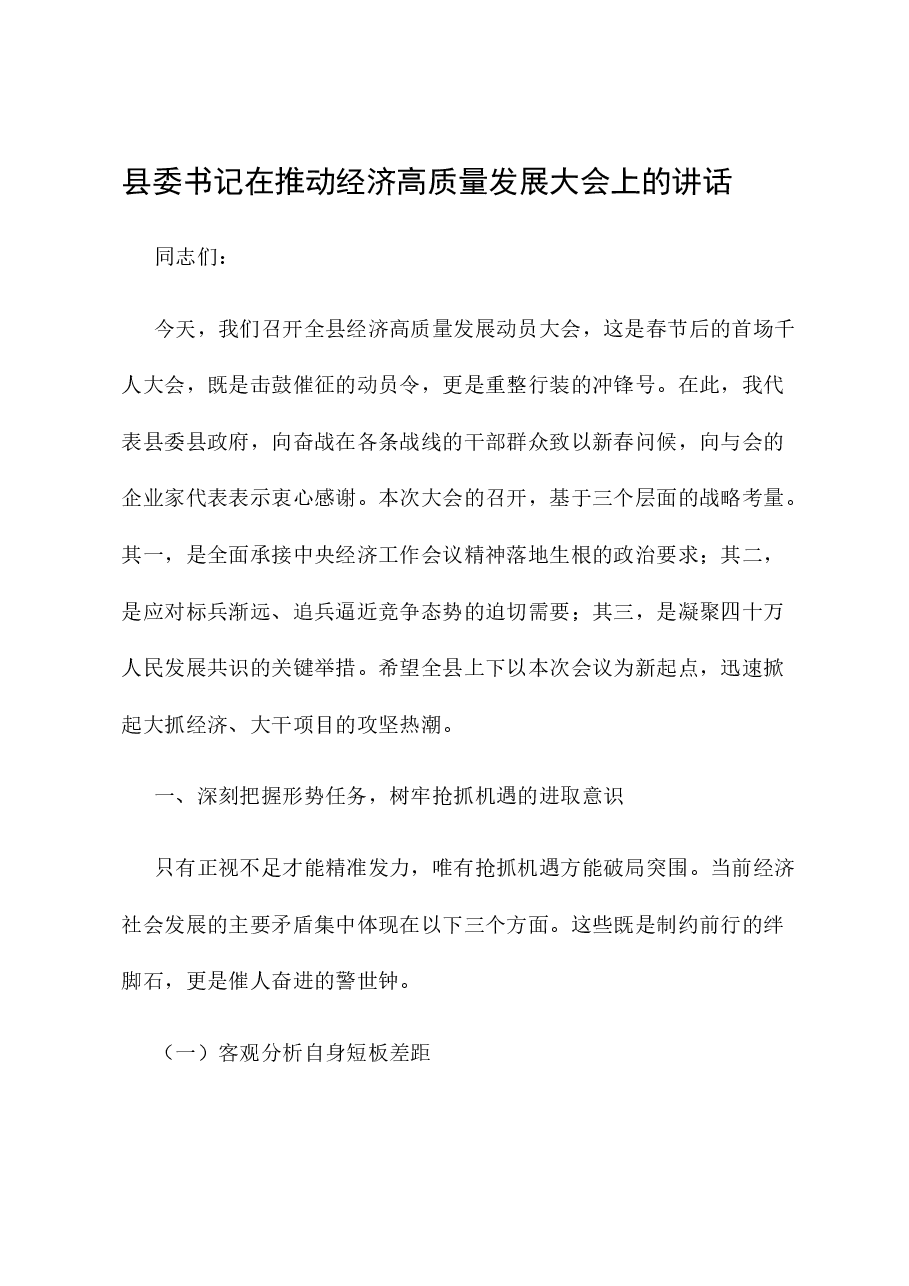 县委书记在推动经济高质量发展大会上的讲话.docx,第1页预览