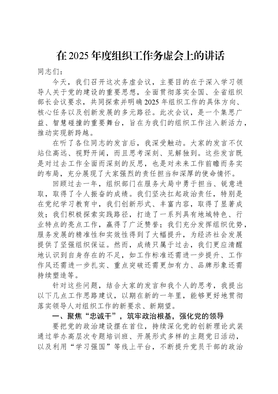 在2025年度组织工作务虚会上的讲话.docx,第1页预览