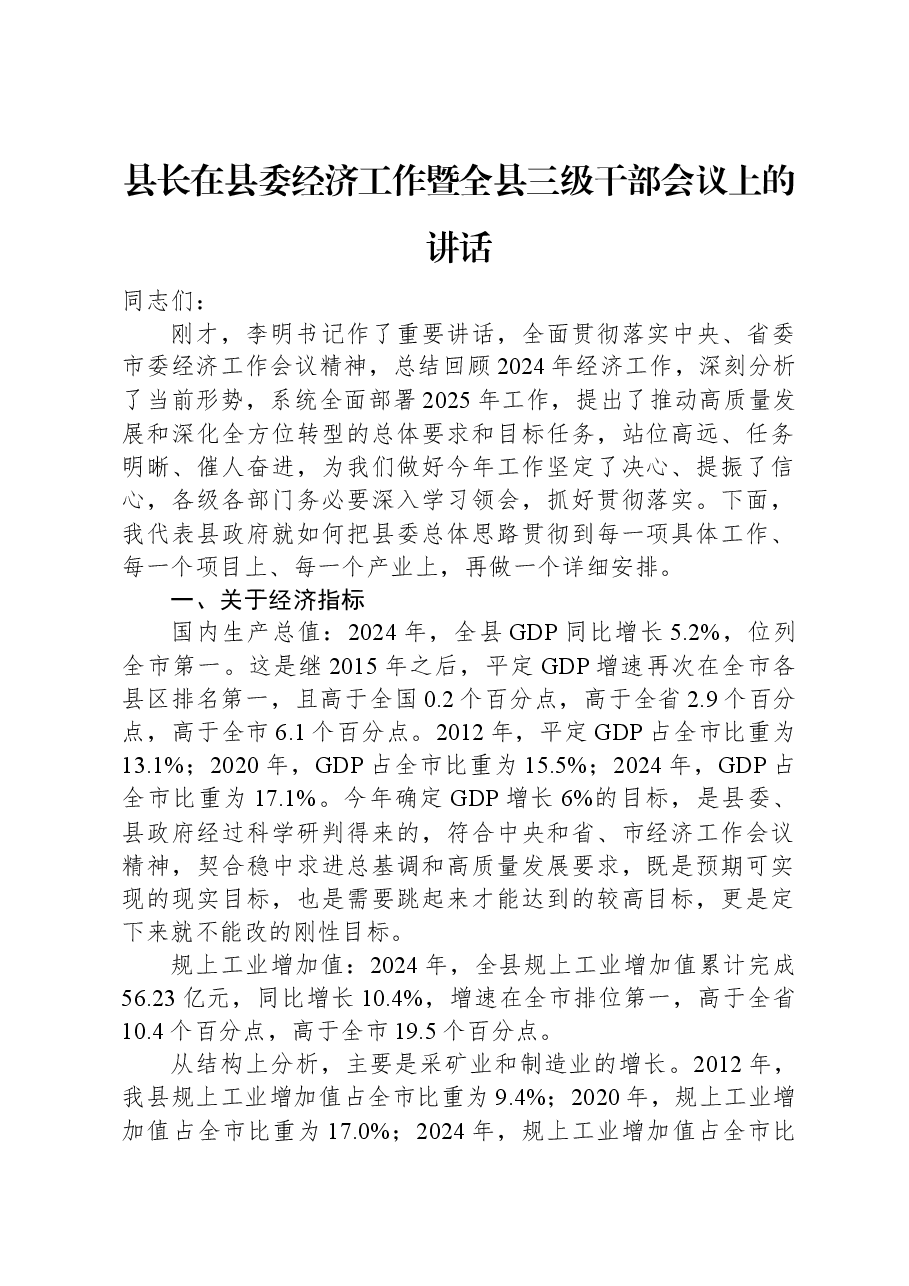 县长在县委经济工作暨全县三级干部会议上的讲话.docx,第1页预览