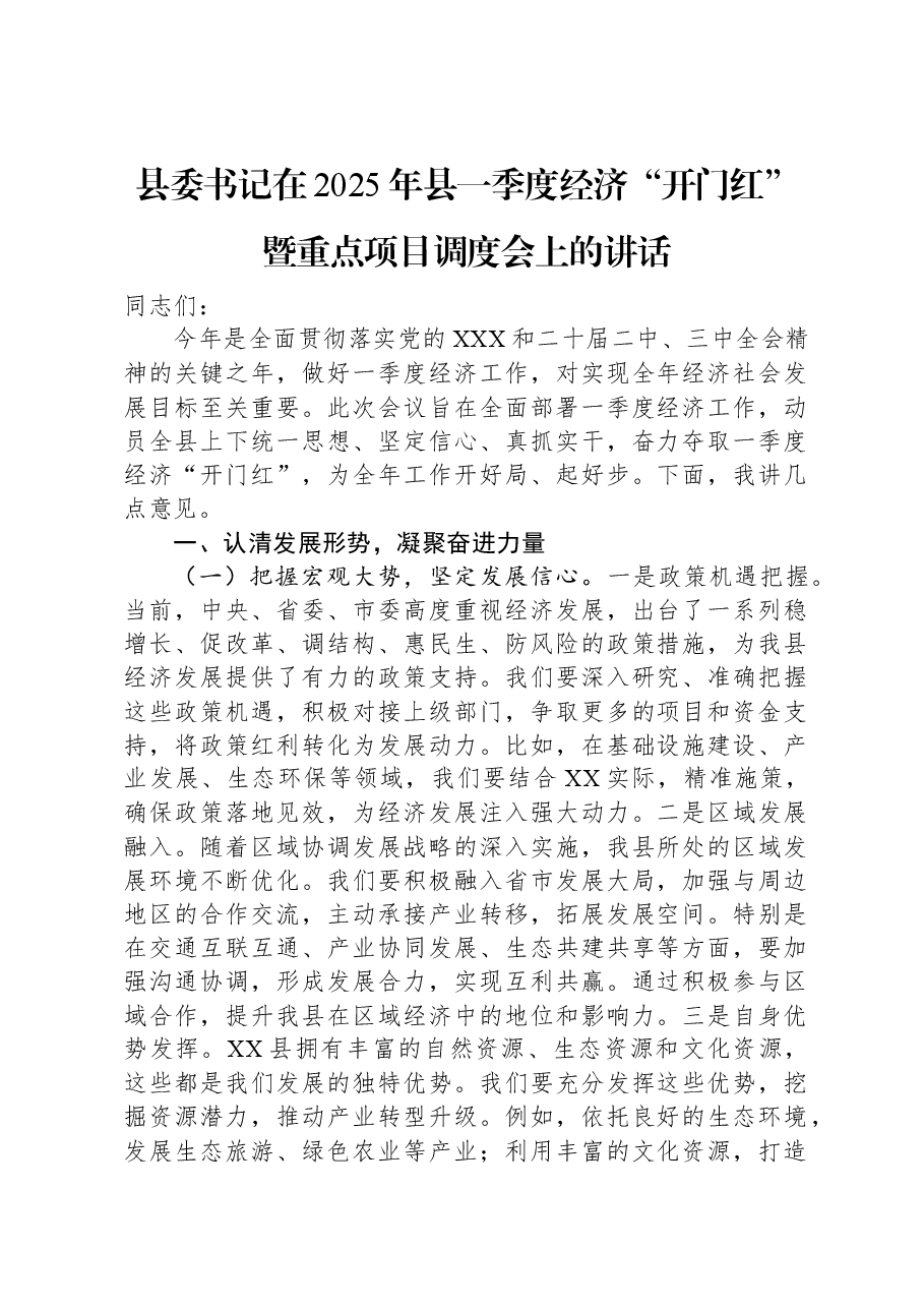 县委书记在2025年县一季度经济“开门红”暨重点项目调度会上的讲话.docx,第1页预览
