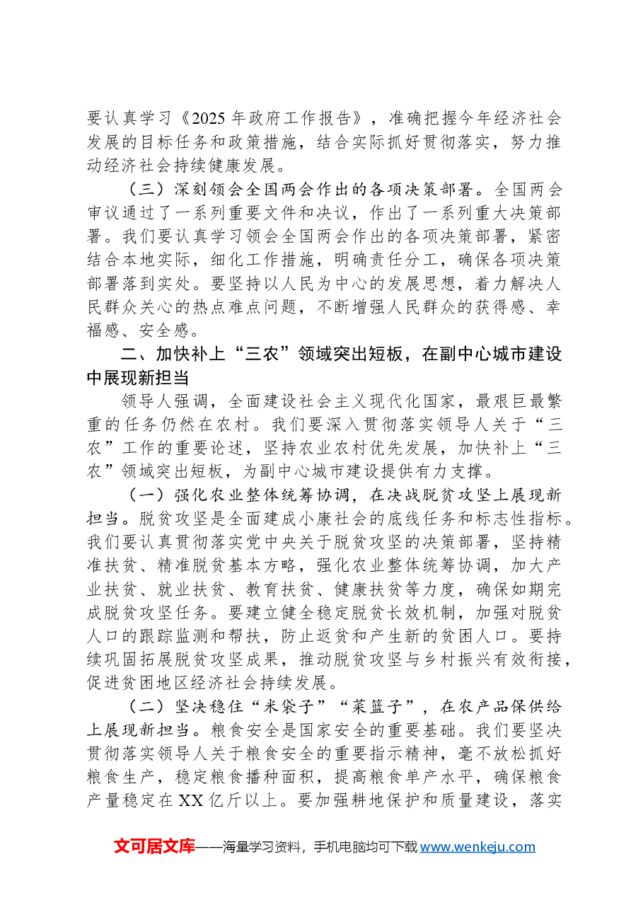 市委副书记在理论学习中心组会上学习2025年全国两会精神研讨发言材料.docx,第2页预览
