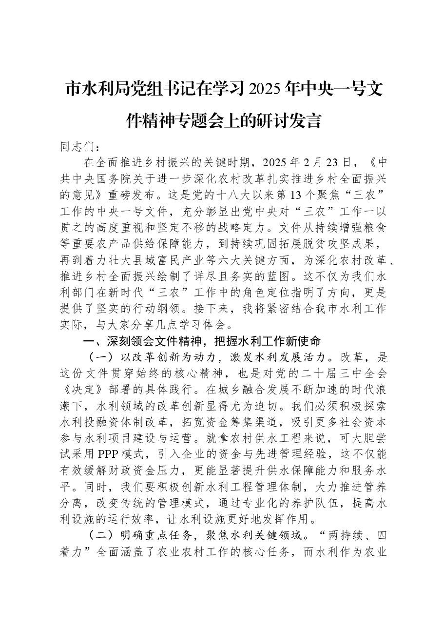 市水利局党组书记在学习2025年中央一号文件精神专题会上的研讨发言.docx,第1页预览