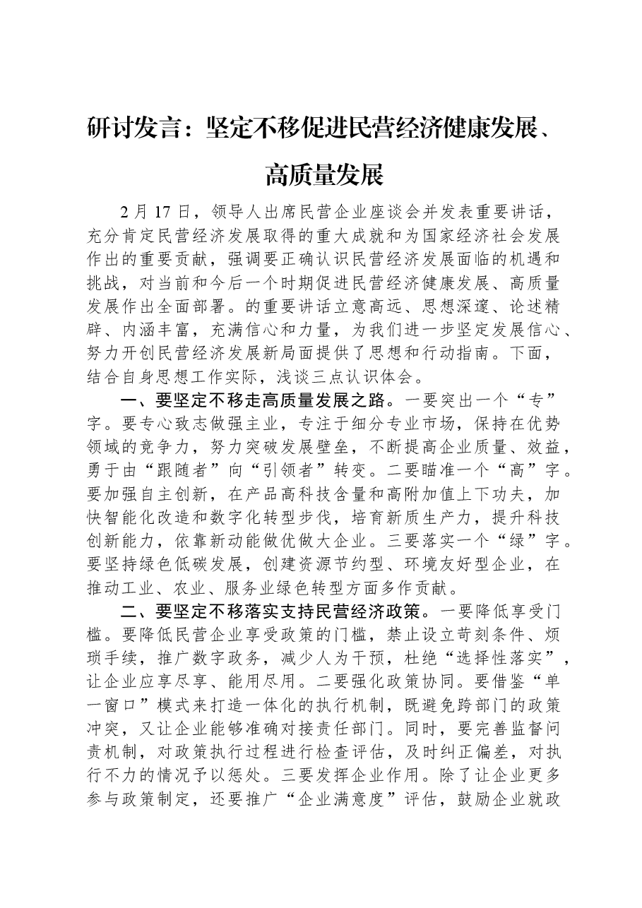 研讨发言:坚定不移促进民营经济健康发展、高质量发展.docx,第1页预览