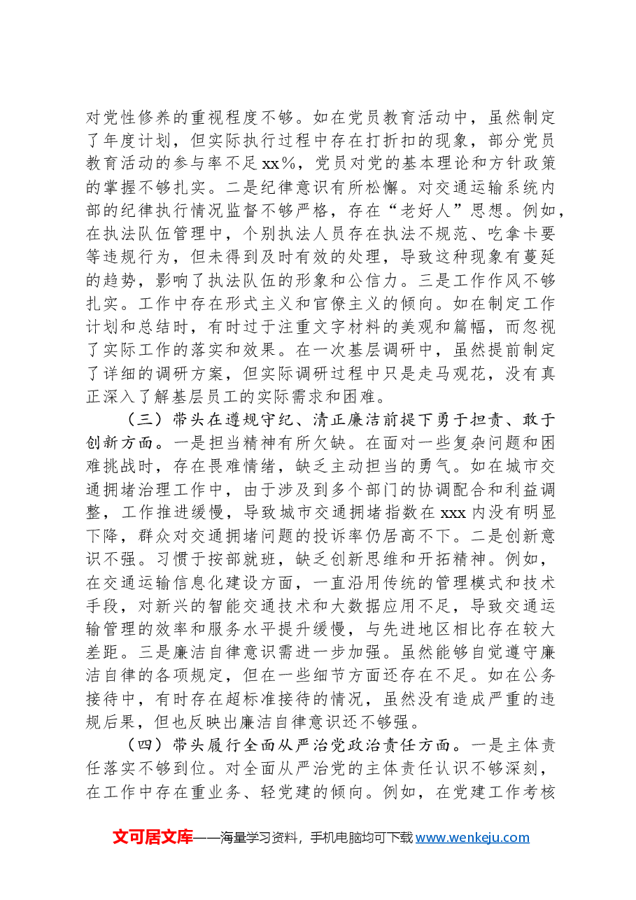 市交通运输局局长2024年民主生活个人对照检查发言(四个带头).docx,第2页预览