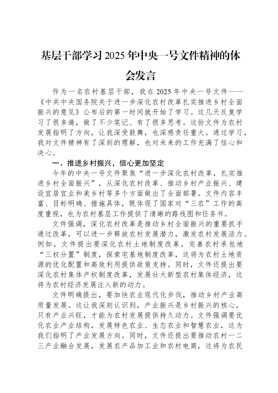 基层干部学习2025年中央一号文件精神的体会发言.docx,第1页预览