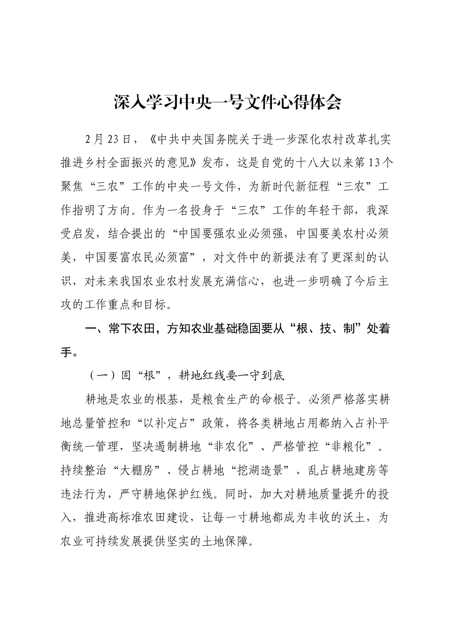 深入学习中央一号文件心得体会.docx,第1页预览